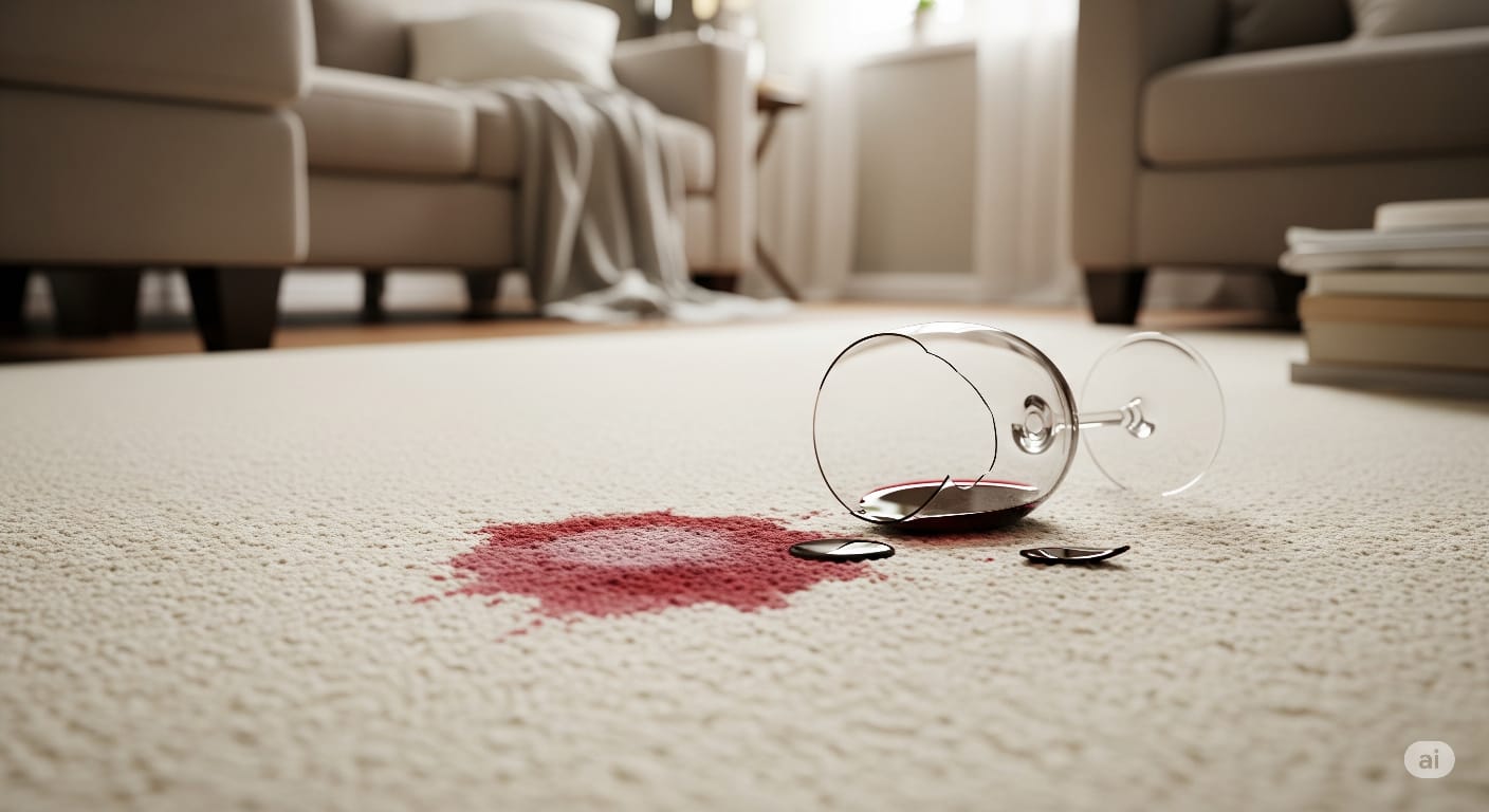 butelka octu wylewana na czerwoną plamę na białym obrusie